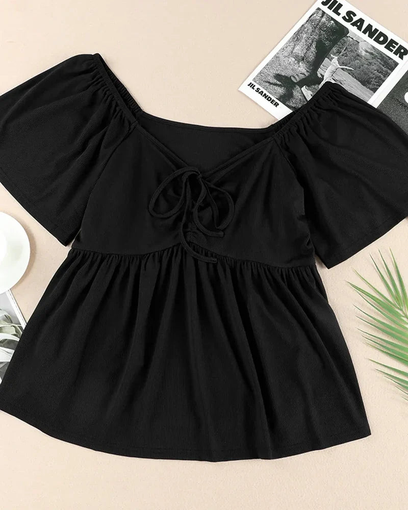 Sweetheart Ruched Peplum Ribbed Blouse