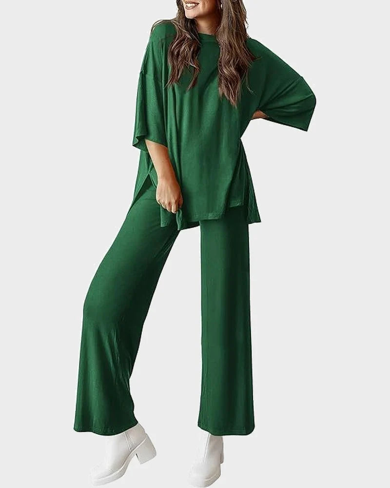 Relaxed Split-Hem Top & Wide-Leg Pants Set