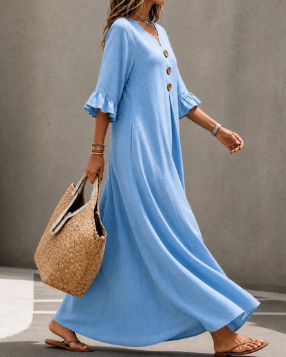Boho Aesthetic Solid V-Neck A-Line Maxi Dress