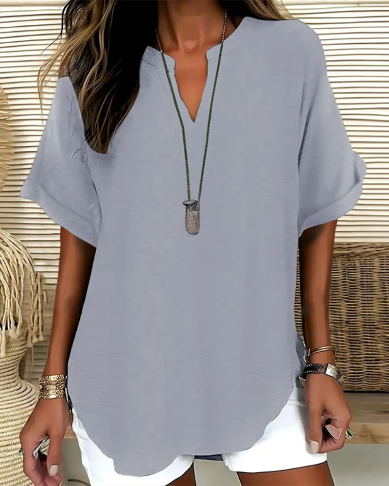 Relaxed V-Neck Short Sleeve Blouse