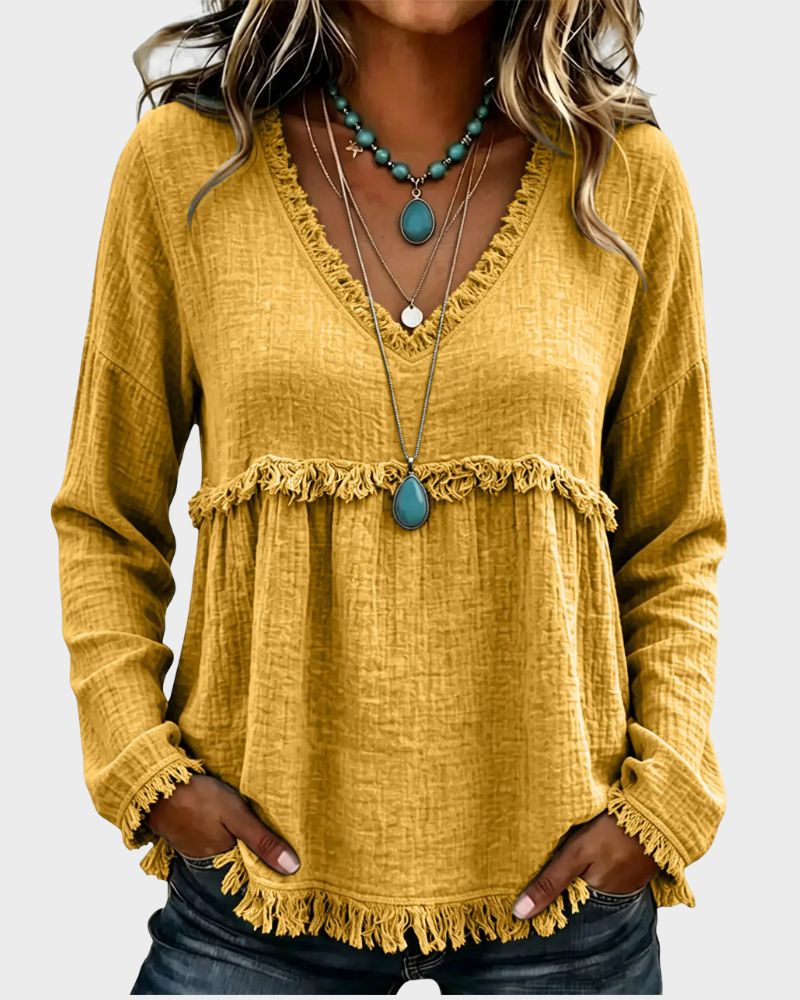 Boho V-Neck Fringe Babydoll Blouse