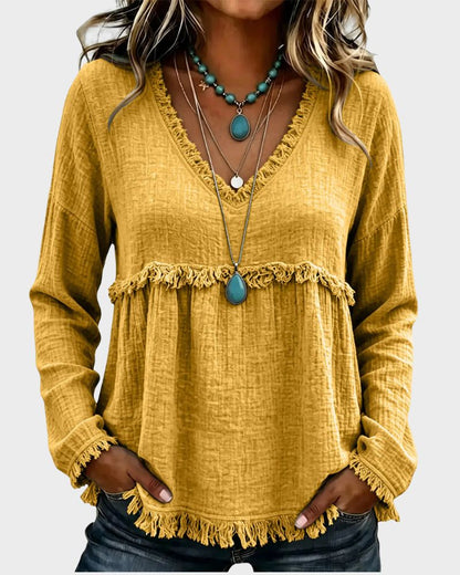 Boho V-Neck Fringe Babydoll Blouse