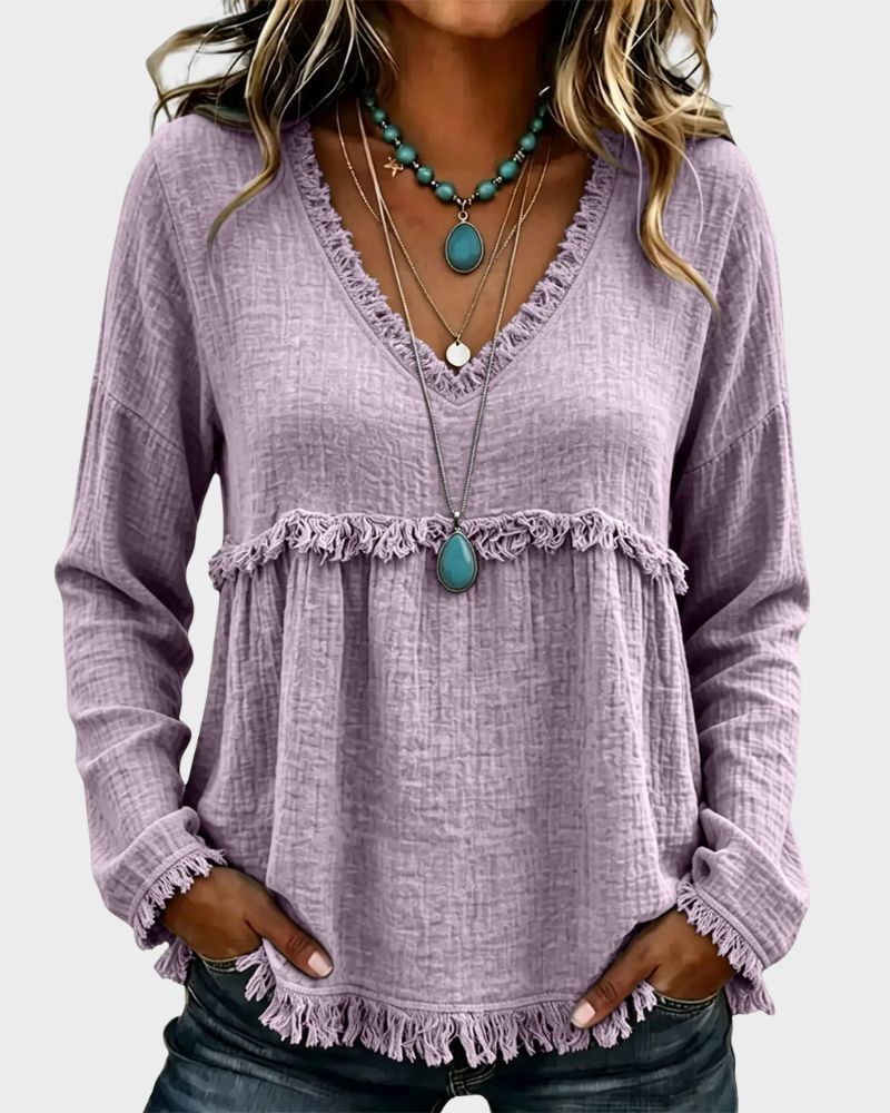 Boho V-Neck Fringe Babydoll Blouse