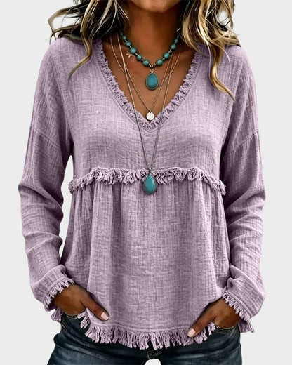 Boho V-Neck Fringe Babydoll Blouse