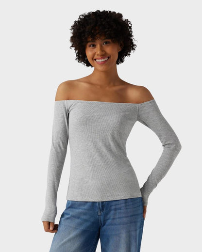 Ribbed Off-Shoulder Built-In Bra Long Sleeve Top