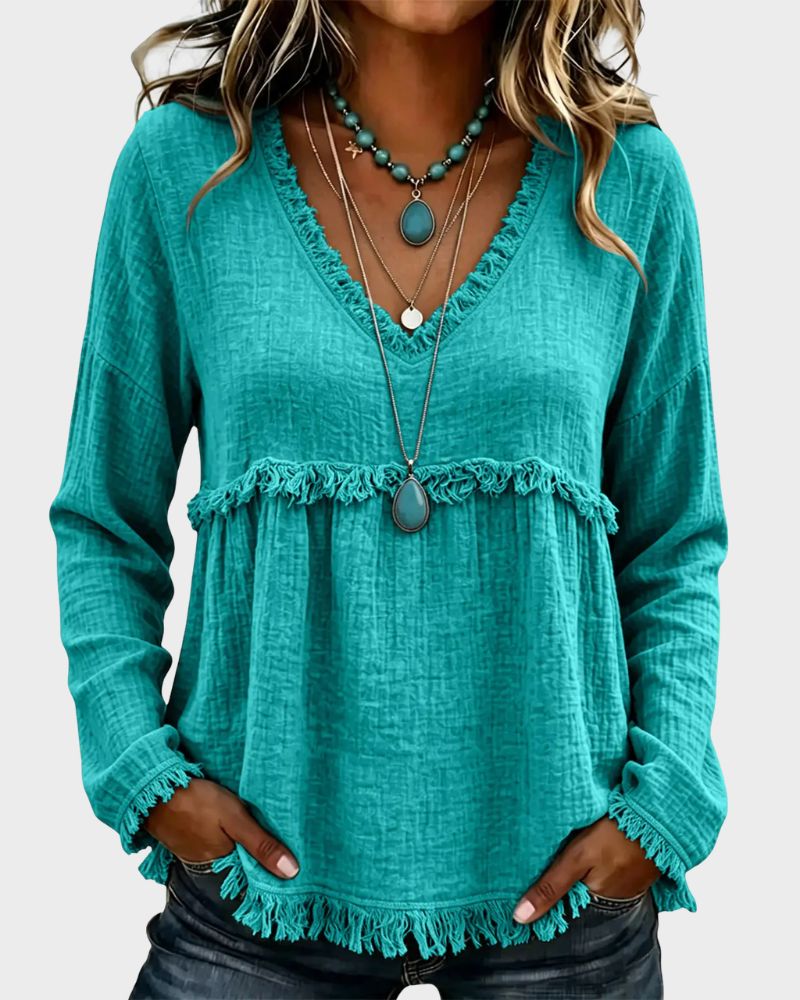 Boho V-Neck Fringe Babydoll Blouse