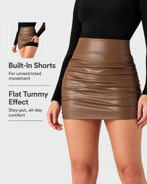 2-in-1 Ruched PU Leather Tummy Control Mini Skirt