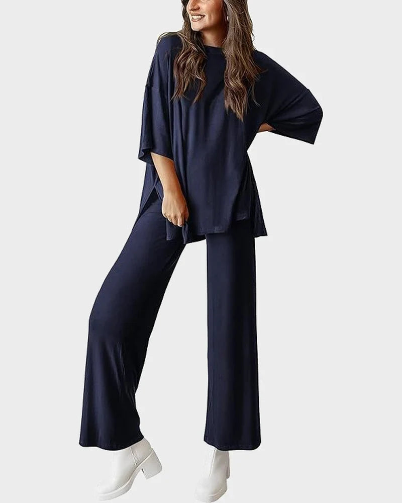 Relaxed Split-Hem Top & Wide-Leg Pants Set