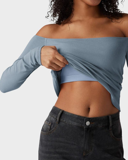 Ribbed Off-Shoulder Built-In Bra Long Sleeve Top