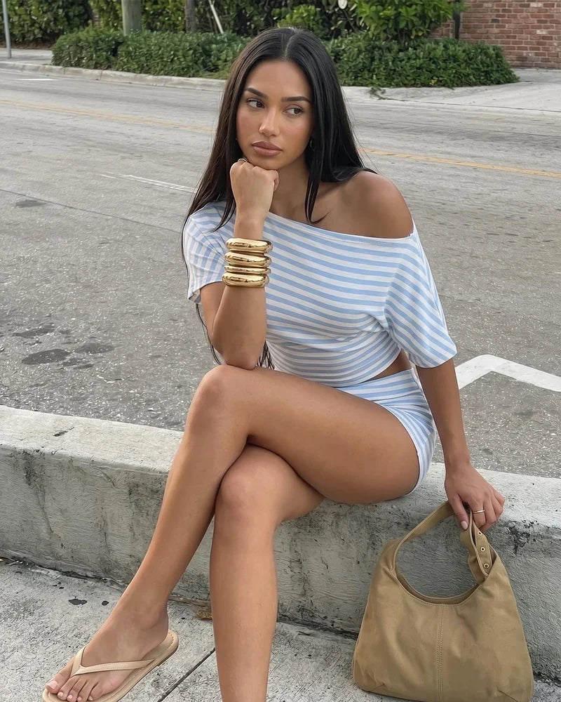 Striped Off-Shoulder Crop Top & High-Waist Shorts Set