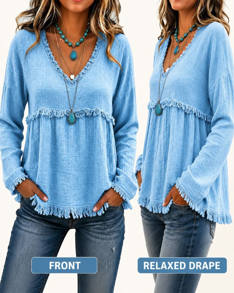 Boho V-Neck Fringe Babydoll Blouse
