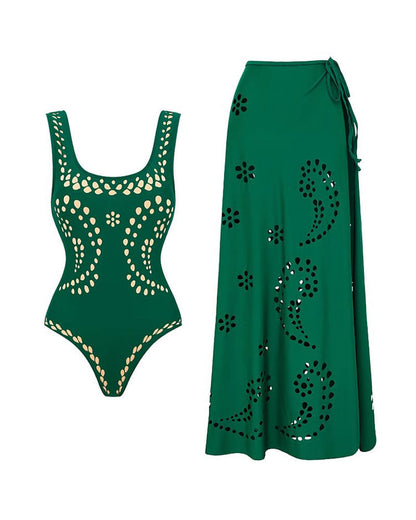 Fashionable And Sexy Hollow Pattern One-Piece Swimsuit Set