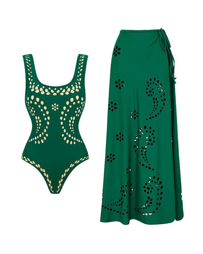 Fashionable And Sexy Hollow Pattern One-Piece Swimsuit Set