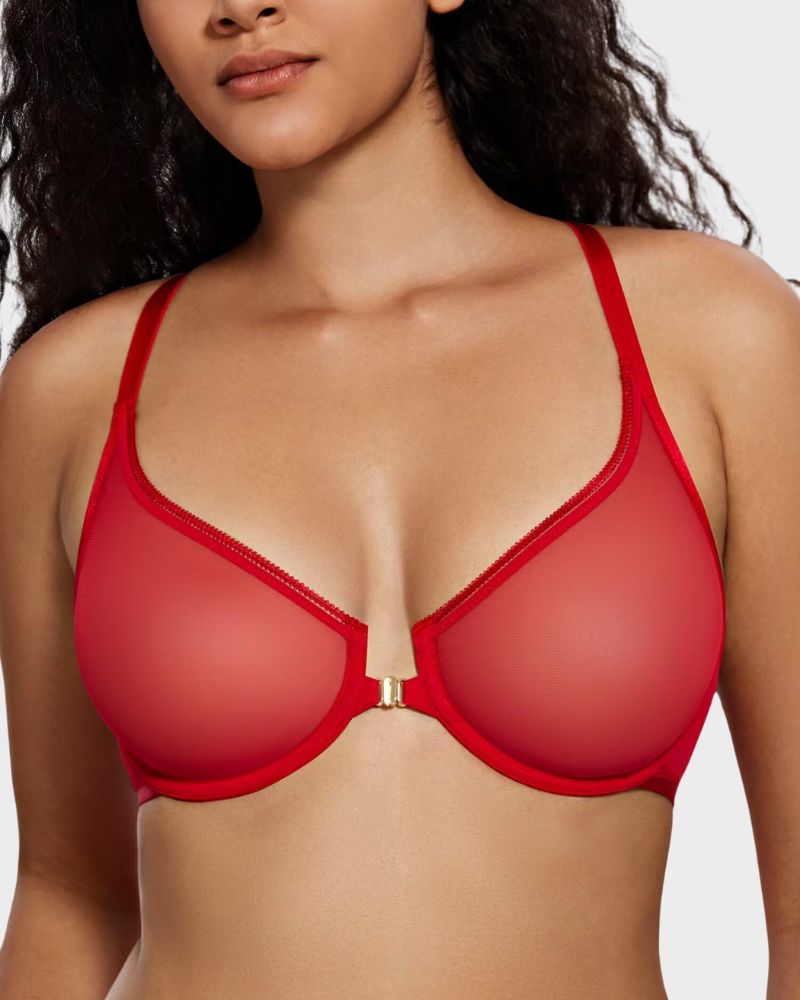 Front-Closure Mesh Plunge Racerback Underwire Bra