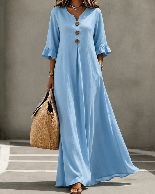 Boho Aesthetic Solid V-Neck A-Line Maxi Dress