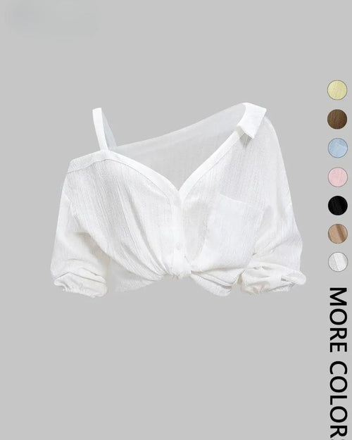 Asymmetric Cold-Shoulder Button-Down Blouse