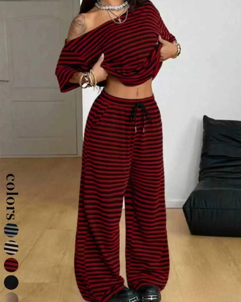 Striped Off-Shoulder Wide-Leg Two-Piece Set