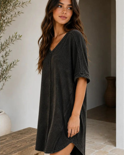 Ribbed Acid-Wash V-Neck Oversized Casual Dress
