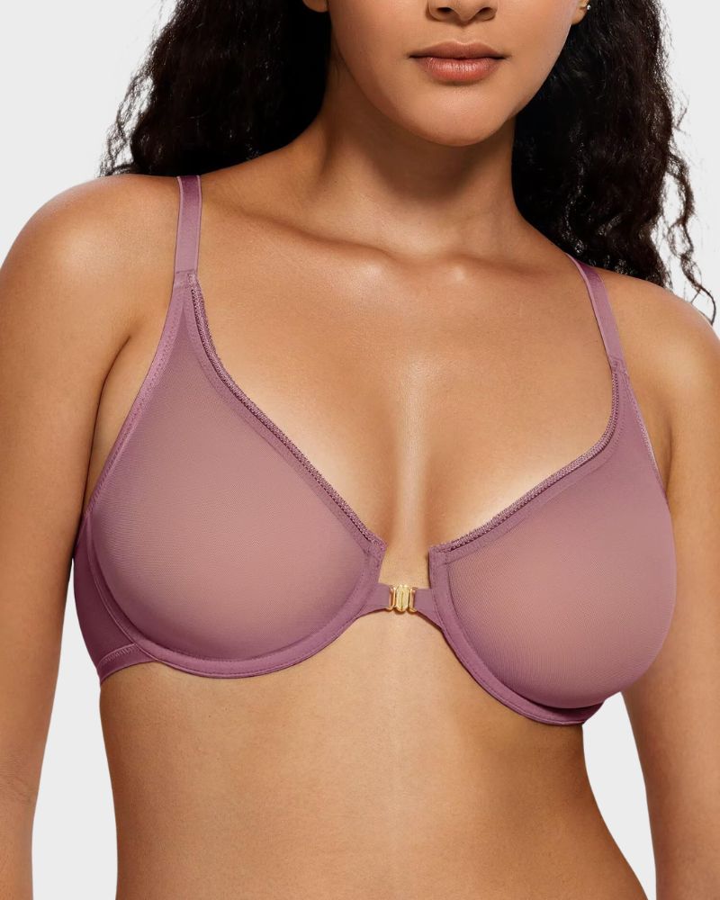 Front-Closure Mesh Plunge Racerback Underwire Bra