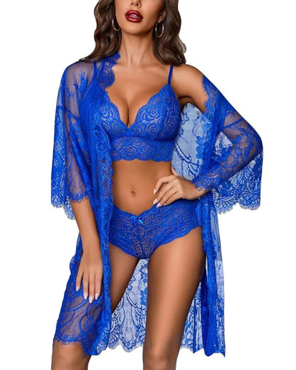 3-Piece Elegant Floral Lace Lingerie Set with Robe
