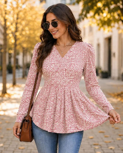 V-Neck Long Sleeve Babydoll Peplum Top