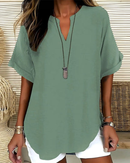 Relaxed V-Neck Short Sleeve Blouse