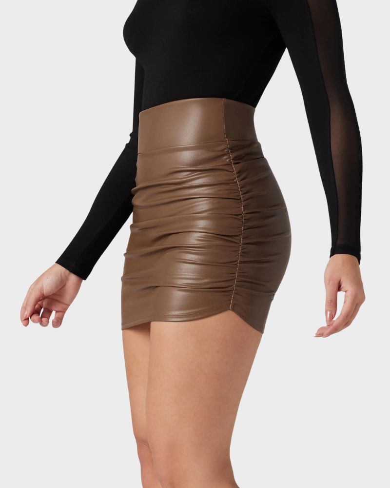 2-in-1 Ruched PU Leather Tummy Control Mini Skirt