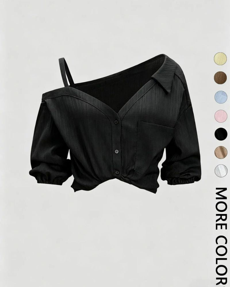 Asymmetric Cold-Shoulder Button-Down Blouse