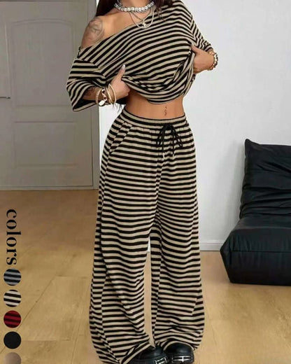 Striped Off-Shoulder Wide-Leg Two-Piece Set