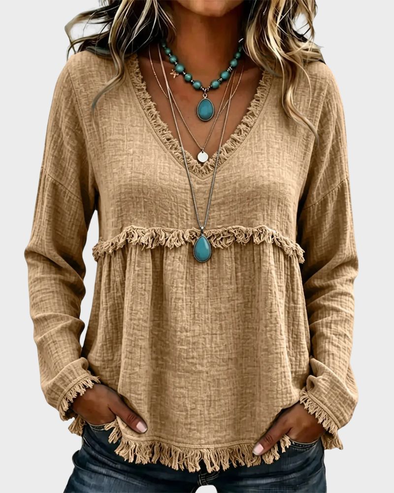 Boho V-Neck Fringe Babydoll Blouse