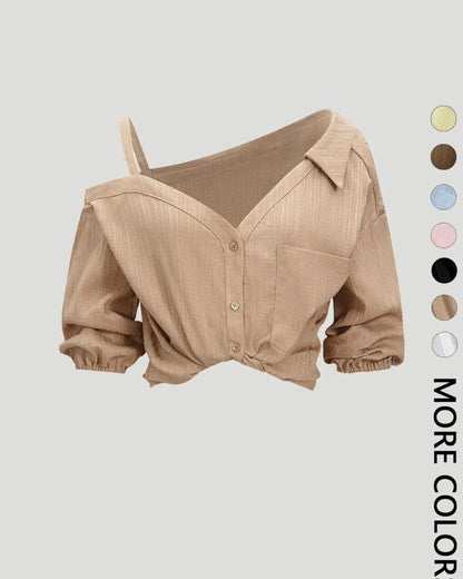 Asymmetric Cold-Shoulder Button-Down Blouse