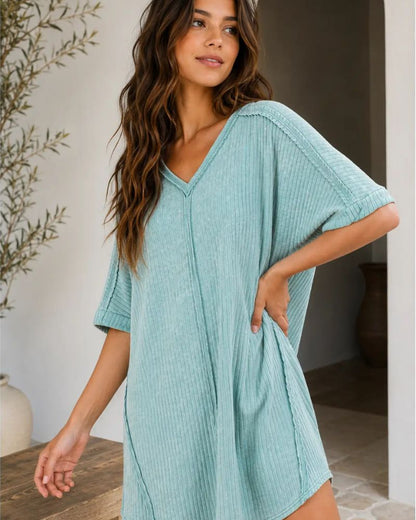 Ribbed Acid-Wash V-Neck Oversized Casual Dress