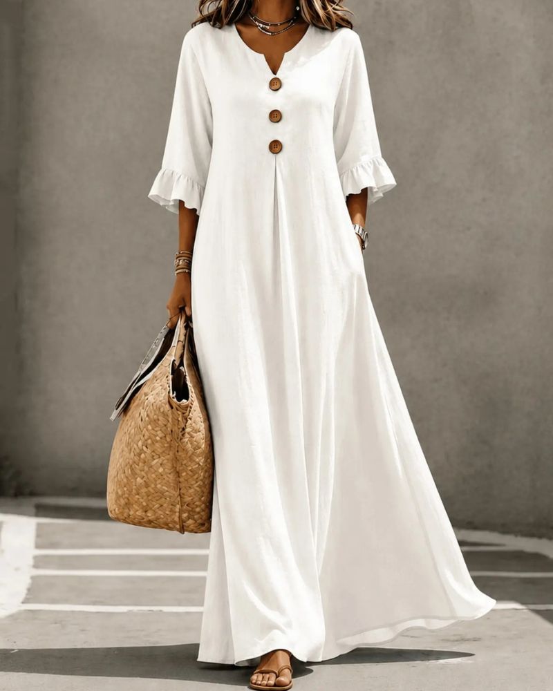 Boho Aesthetic Solid V-Neck A-Line Maxi Dress