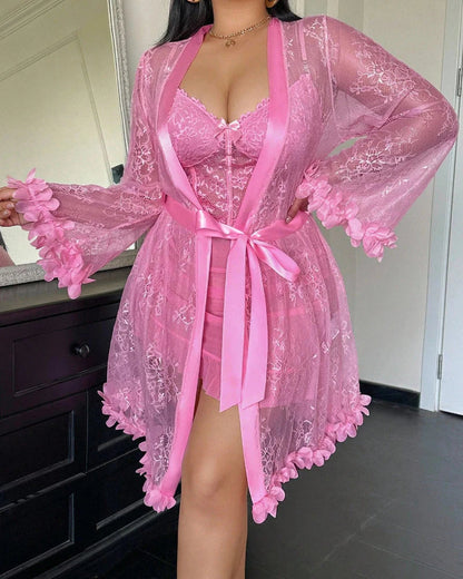 Plus size Lace Cami Nightgown & Floral Lace Trim Wide Sleeve Sheer Robe