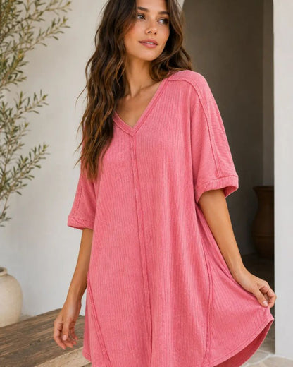Ribbed Acid-Wash V-Neck Oversized Casual Dress
