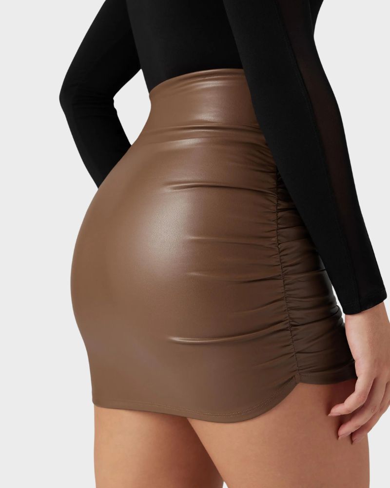 2-in-1 Ruched PU Leather Tummy Control Mini Skirt