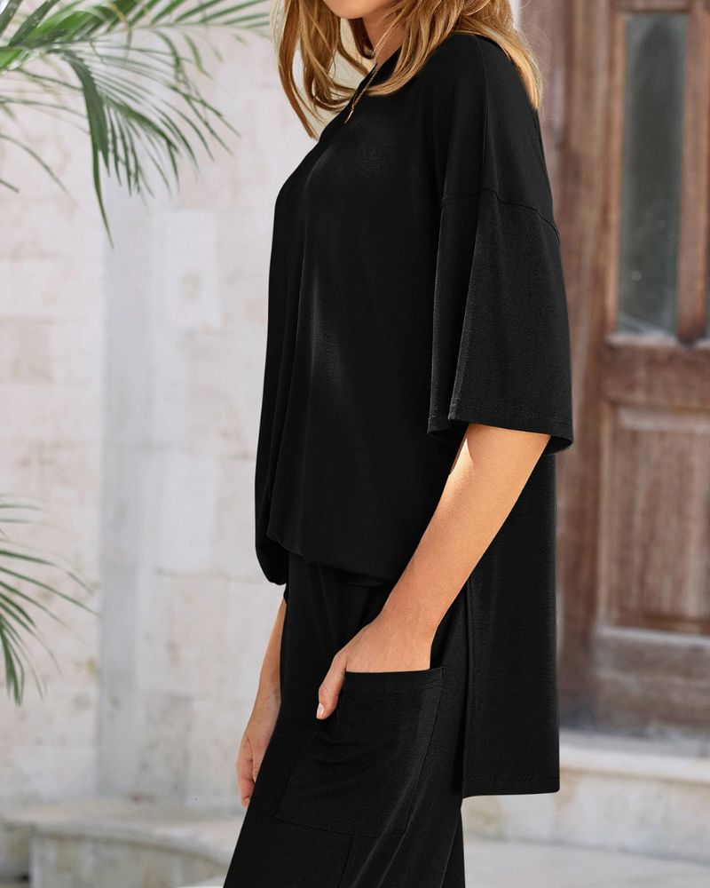Relaxed Split-Hem Top & Wide-Leg Pants Set
