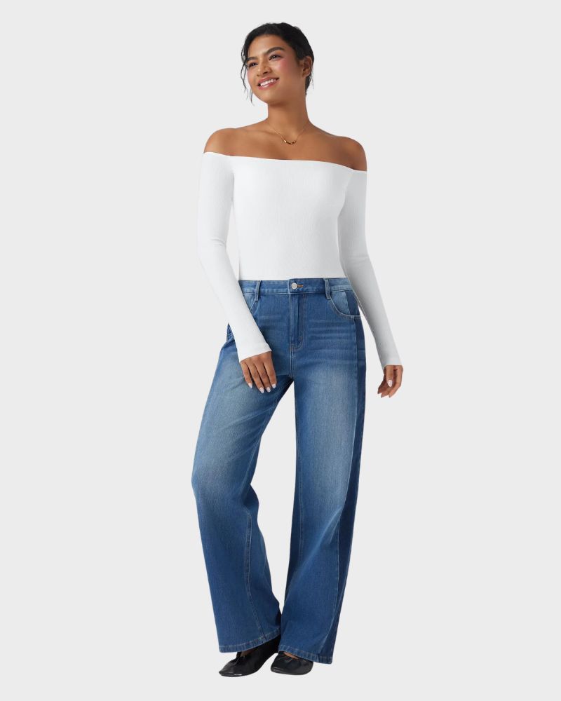 Ribbed Off-Shoulder Built-In Bra Long Sleeve Top