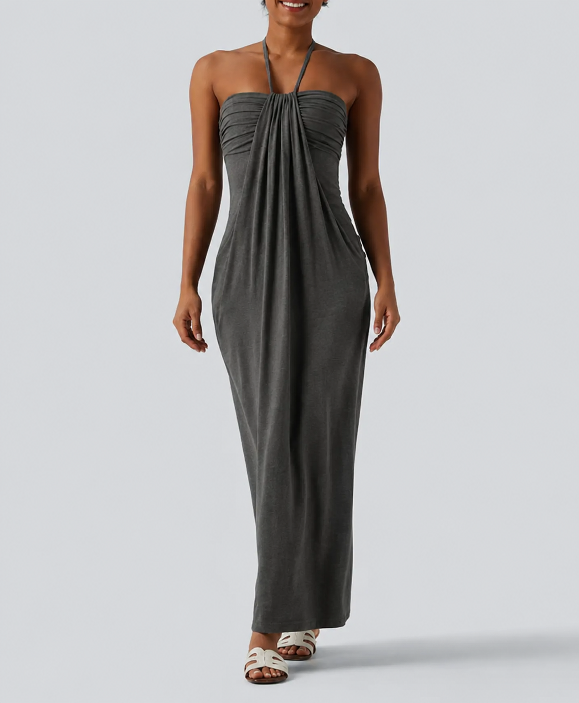 Halter Neck Maxi Dress with Adjustable Tie Back and Side Pockets