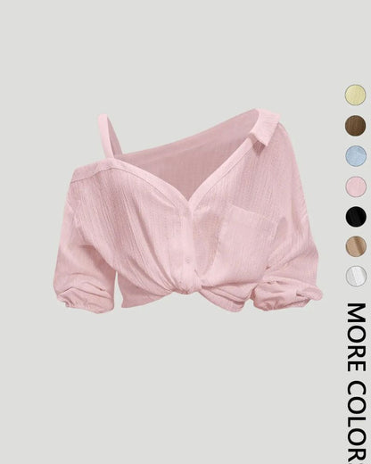 Asymmetric Cold-Shoulder Button-Down Blouse