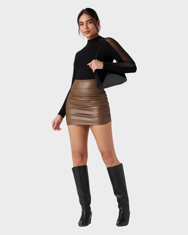 2-in-1 Ruched PU Leather Tummy Control Mini Skirt