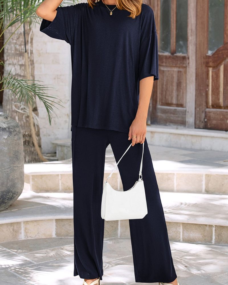 Relaxed Split-Hem Top & Wide-Leg Pants Set