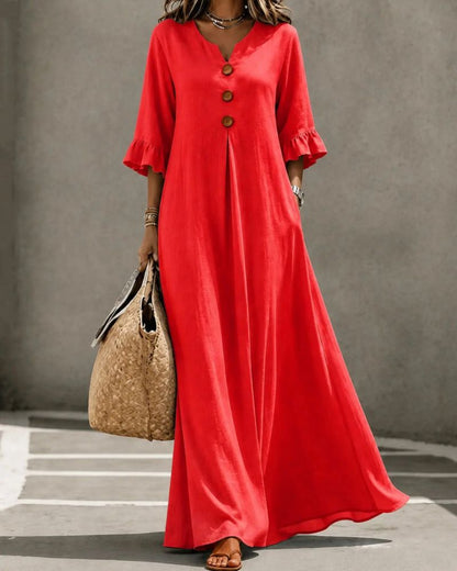 Boho Aesthetic Solid V-Neck A-Line Maxi Dress