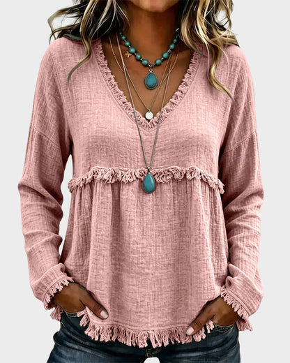 Boho V-Neck Fringe Babydoll Blouse