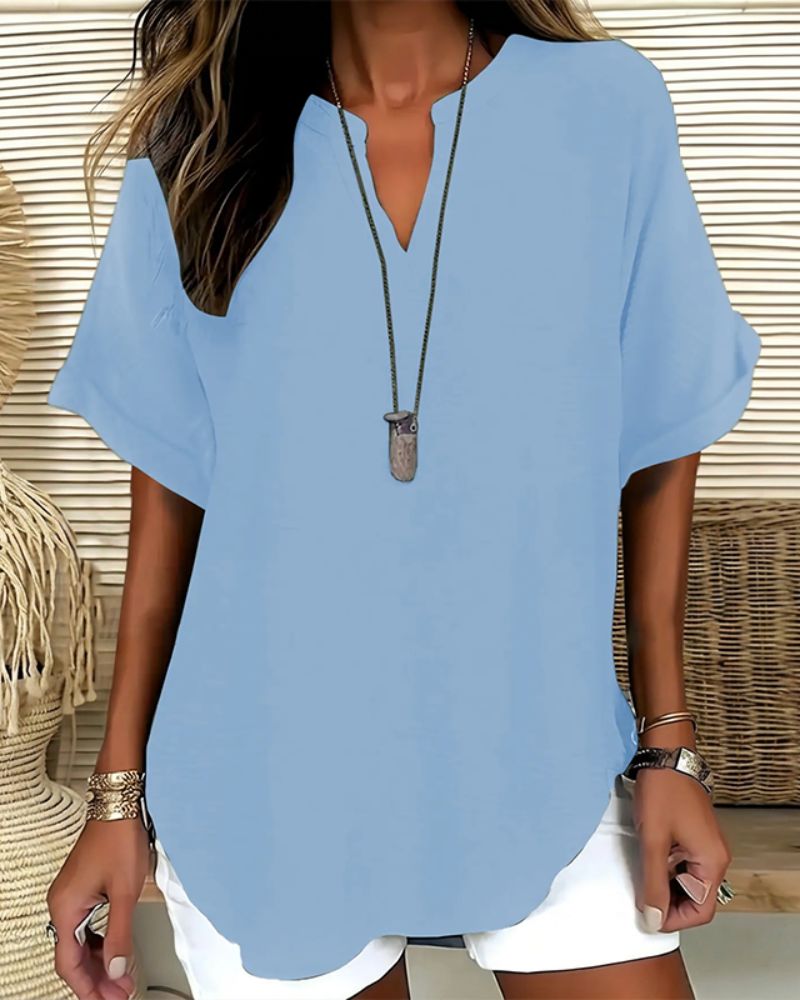 Relaxed V-Neck Short Sleeve Blouse