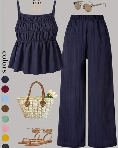 Solid Color Cami Top & Wide-Leg Pants Two-Piece Set