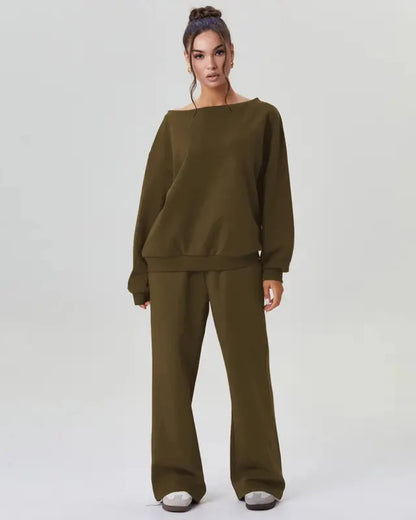 Women’s Cozy Two-Piece Lounge Set – One-Shoulder Long Sleeve Top & Wide-Leg Pants