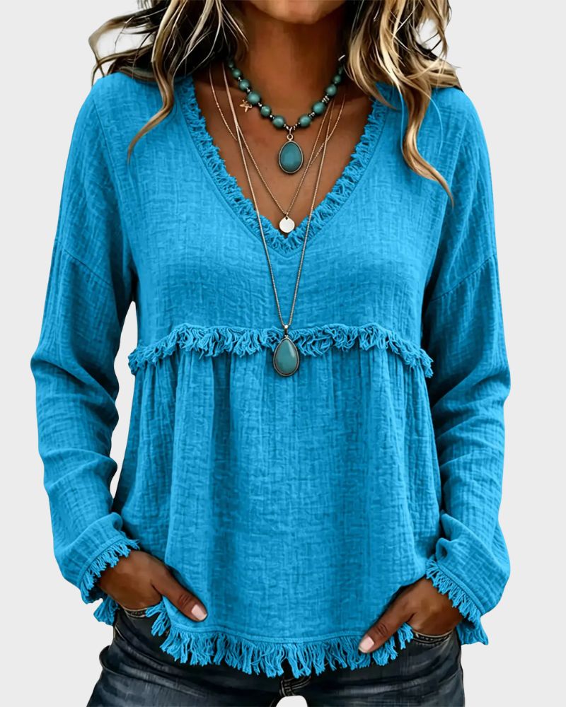 Boho V-Neck Fringe Babydoll Blouse