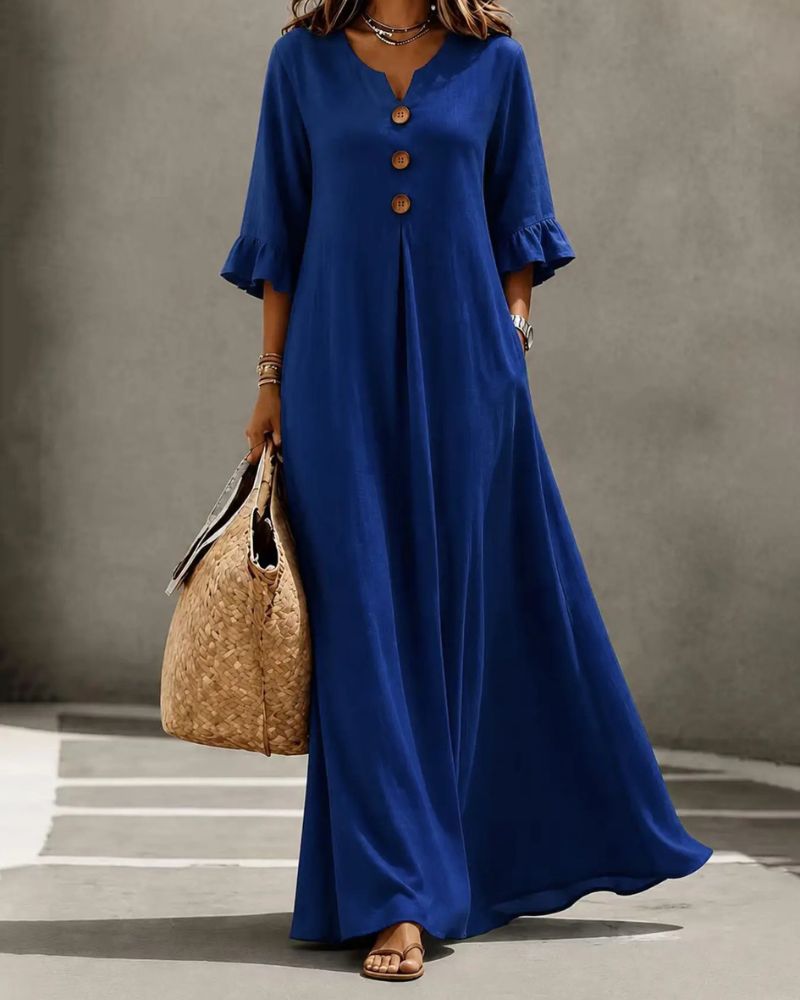Boho Aesthetic Solid V-Neck A-Line Maxi Dress