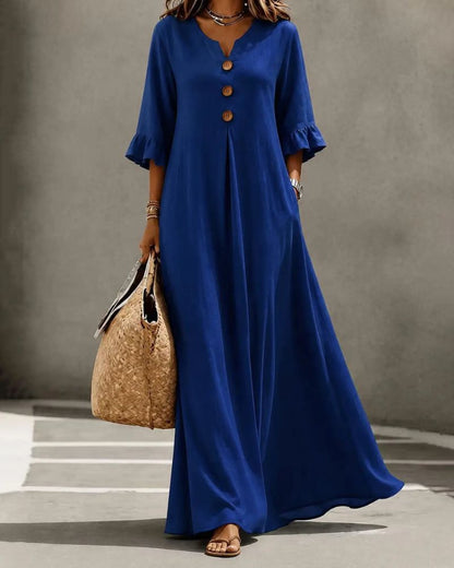 Boho Aesthetic Solid V-Neck A-Line Maxi Dress